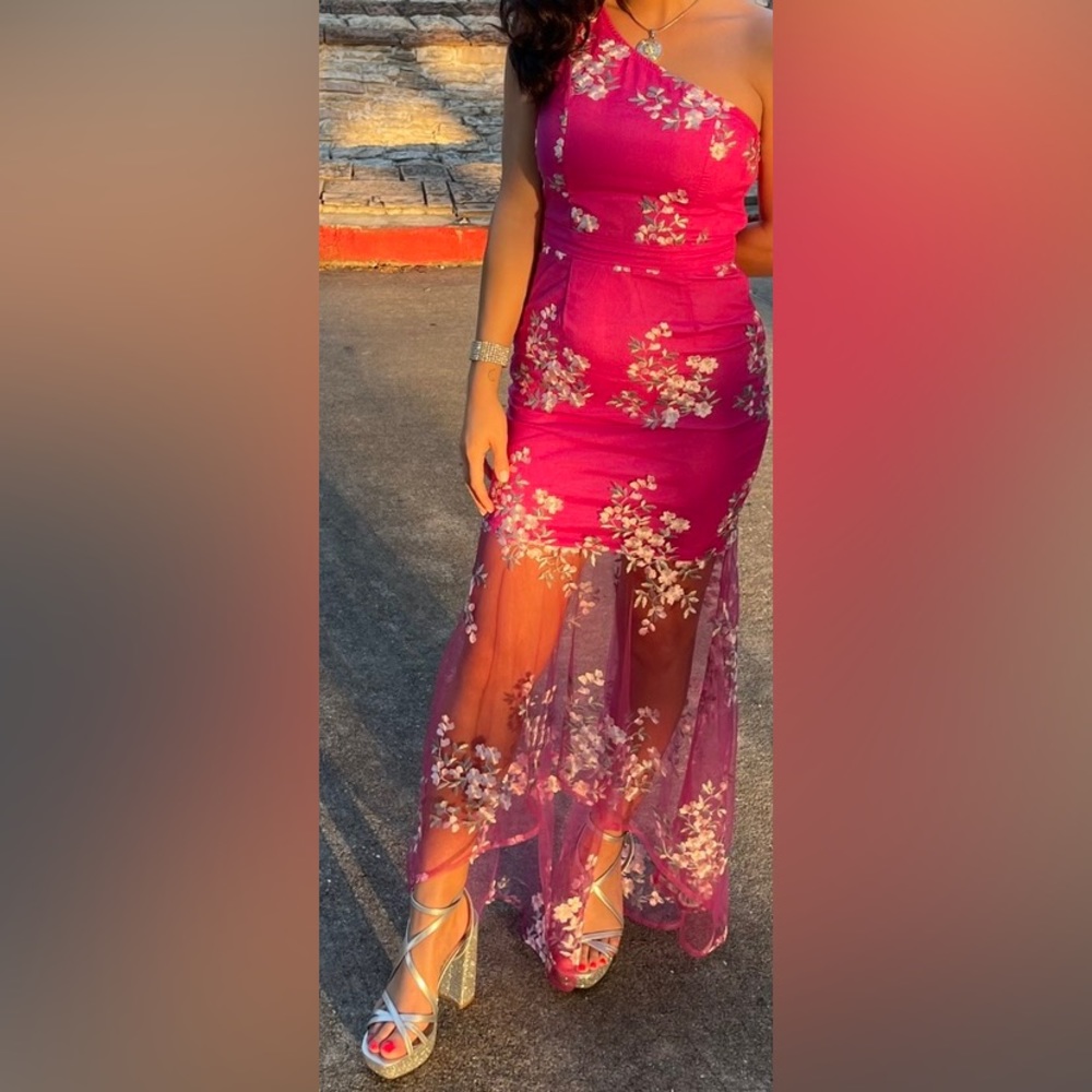 Pink One shoulder Dress with Floral Detail